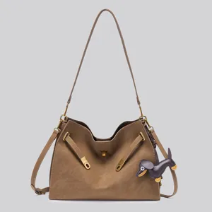 Vintage Suede Shoulder Bag For Women Retro Casual Top Handle Handbag With Metal Lock And Belt Decoration Daily Tote