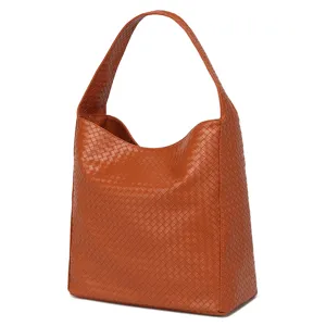 Brown woven leather hobo shoulder bag large capacity casual commuter women stylish handbag