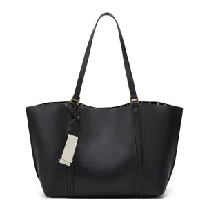Classic black leather tote bag for women, large capacity commuter shoulder bag for daily use.