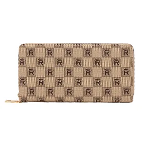 Women's long zipper clutch wallet with brown checkerboard pattern design, stylish and functional.