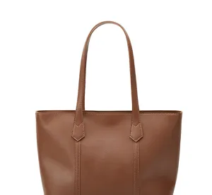 Bolso tote marrón minimalista de piel vista detalle, elegante bolso de hombro grande mujer