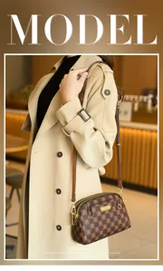 Stylish monogram crossbody bag with adjustable strap and metal logo, perfect for daily wear.