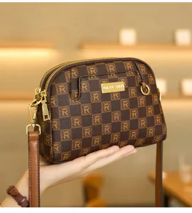 Brown checkered shell crossbody bag with double zippers, stylish retro shoulder bag for daily use.