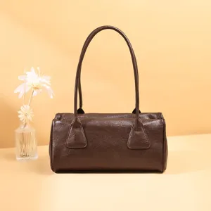 Vintage brown leather bowling shoulder bag, stylish casual underarm handbag for women