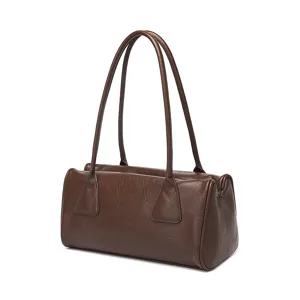 Vintage brown leather underarm bowling bag for women, large capacity shoulder handbag.