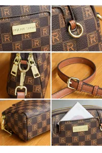 Close-up details of stylish brown checkered crossbody handbag with gold hardware and strap.