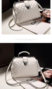 White quilted Boston shoulder bag with metal lock clasp, stylish women handbag for use.