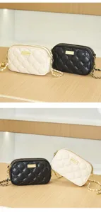 Chic quilted crossbody bag with gold chain strap, compact leather shoulder bag for women.