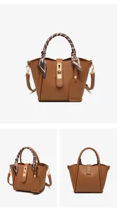Brown leather bucket bag detail featuring chic silk scarf handle and golden twist lock clasp.