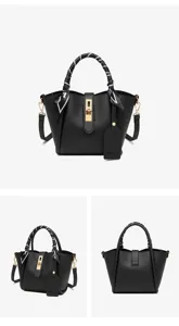 Black bucket handbag stylish tote shoulder bag with scarf handle and lock for women trendy