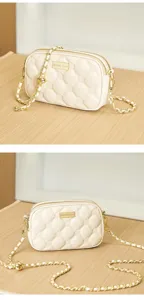 Elegant quilted crossbody bag with gold chain strap, chic casual shoulder bag for women daily use.