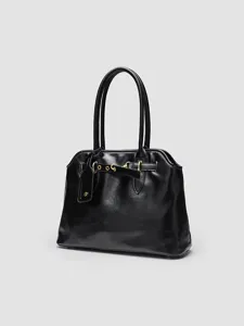 Retro black leather briefcase handbag, large capacity versatile shoulder shell bag.
