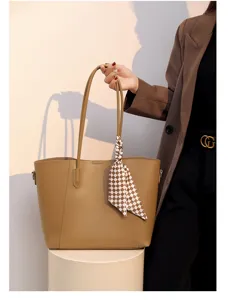 Minimalist brown leather tote bag with stylish plaid scarf, large capacity shoulder handbag.