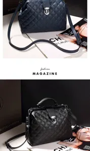 Detailed view of quilted doctor handbag with metal turn-lock and adjustable shoulder strap.