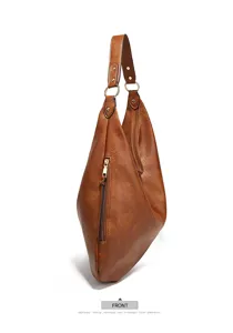 Detailed view of the stylish brown PU leather shoulder bag showing zipper pocket and metal rings.