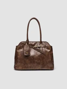 Vintage brown PU leather handbag, large capacity versatile shoulder bag with chic hardware.