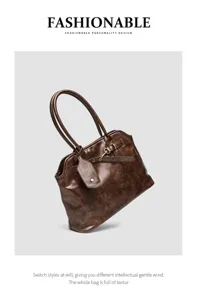 Retro brown leather handbag, vintage briefcase style with metal buckle, casual tote shoulder bag.