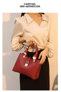 Elegant red leather handbag with chic fashion scarf top handle tote bag for daily use 2026