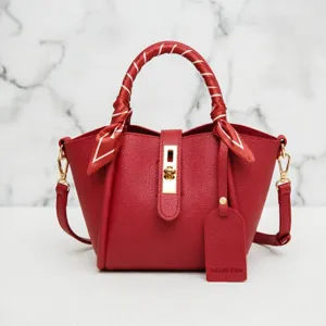 Women Large Capacity Tote Bag PU Leather Commuter Handbag Casual Solid Color Shoulder Bag With Metal Lock Scarf Decor