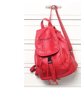 Red soft leather backpack women rucksack casual travel daypack daily shoulder bag detail