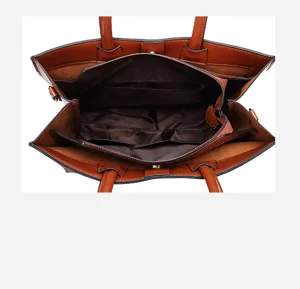 Detailed view of the large capacity brown leather handbag interior, showing multiple compartments.