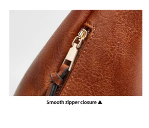 Brown vintage women shoulder bag smooth metal zipper detail close up display view show