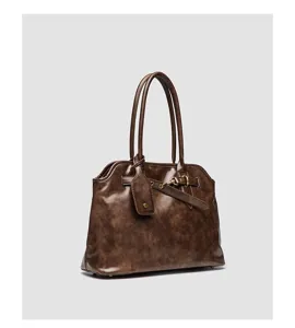 Vintage brown tote bag for women, large capacity shoulder bag with elegant retro design.