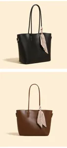 Classic large capacity PU leather tote bag with stylish checkered ribbon detail for daily use.