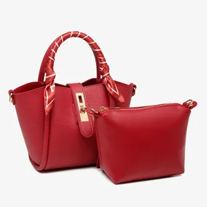 Red PU leather bucket bag set with tote handbag, matching pouch and stylish scarf.
