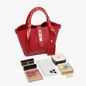 Red bucket bag for women, large capacity tote shoulder bag with stylish silk scarf handle and makeup props.