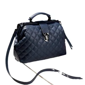 Dark Blue Quilted Boston Handbag Vintage Doctor Bag Crossbody Bag Women Top Handle Purse
