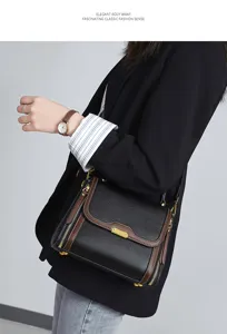 Details of the Korean style PU leather handbag with contrasting colors and golden hardware.