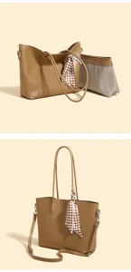 Detail view of stylish brown PU leather tote bag with matching inner pouch and chic ribbon.