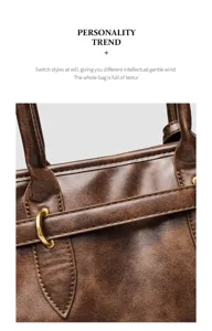 Retro brown leather handbag detail showcasing fine texture, metal hardware and stitching design.