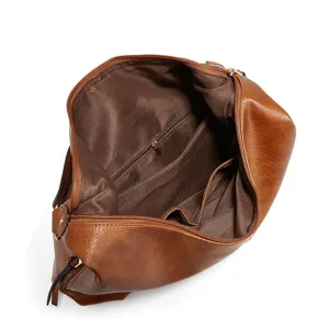 Vintage brown leather tote shoulder bag open top view showing spacious interior and pockets.