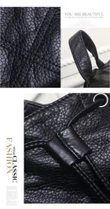 Black leather backpack detail texture and metal ring strap close up view design
