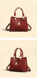 Stylish red tote bag for women with printed scarf handle and elegant gold-tone hardware.