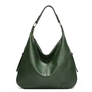 Dark green hobo shoulder bag for women, retro vintage large capacity casual tote handbag.
