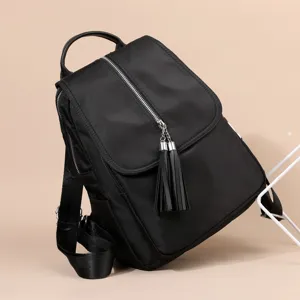 Womens Fashion Oxford Cloth Backpack Large Capacity Travel School Bag With Tassel Casual Waterproof Anti-Theft Daypack Black