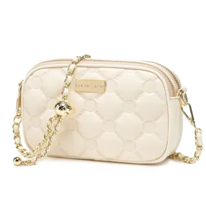 Chic quilted leather shoulder bag with gold chain strap and elegant metal logo plaque.