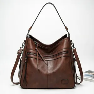 Women Vintage PU Leather Tote Bag Large Capacity Casual Shoulder Crossbody Bag Multi-Pocket Handbag