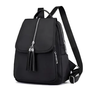 Classic black fashion backpack with tassel zipper, oxford cloth travel school bag for women.