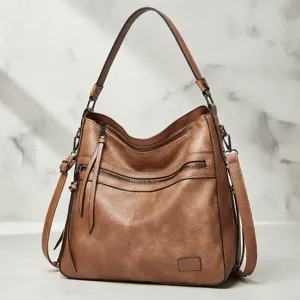 Vintage brown women's hobo shoulder bag casual tote crossbody bag with multi zippers