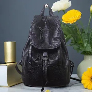 Black soft leather women's backpack chic travel daypack preppy style casual fashion bag