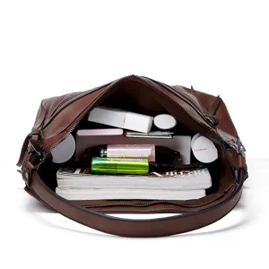 Vintage brown leather shoulder bag women large capacity tote handbag casual daily commuter crossbody bag