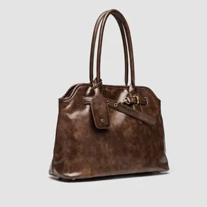 Vintage brown leather tote bag large capacity casual shoulder handbag for women main view
