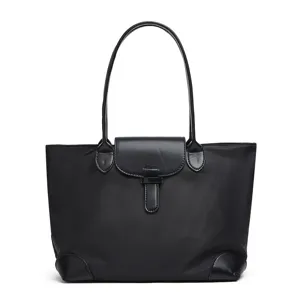 Classic black oxford cloth tote bag, large capacity daily commuting shoulder bag for women.