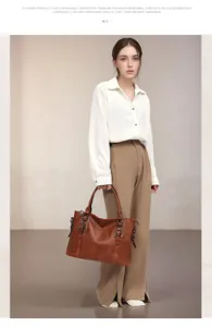 Vintage brown PU leather commuter handbag detail showing large capacity and metal buckle design.