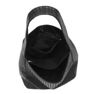 Classic black woven leather hobo underarm bag, large capacity casual daily commuter tote purse.