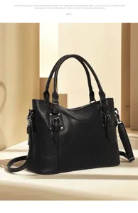 Black leather handbag detail, featuring vintage buckles and durable shoulder strap for daily commuting.